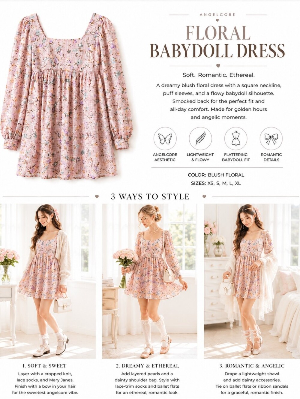 Blu Pepper Blush Pink Floral Babydoll Puff Sleeve Mini Dress | Size M - Picture 3 of 7
